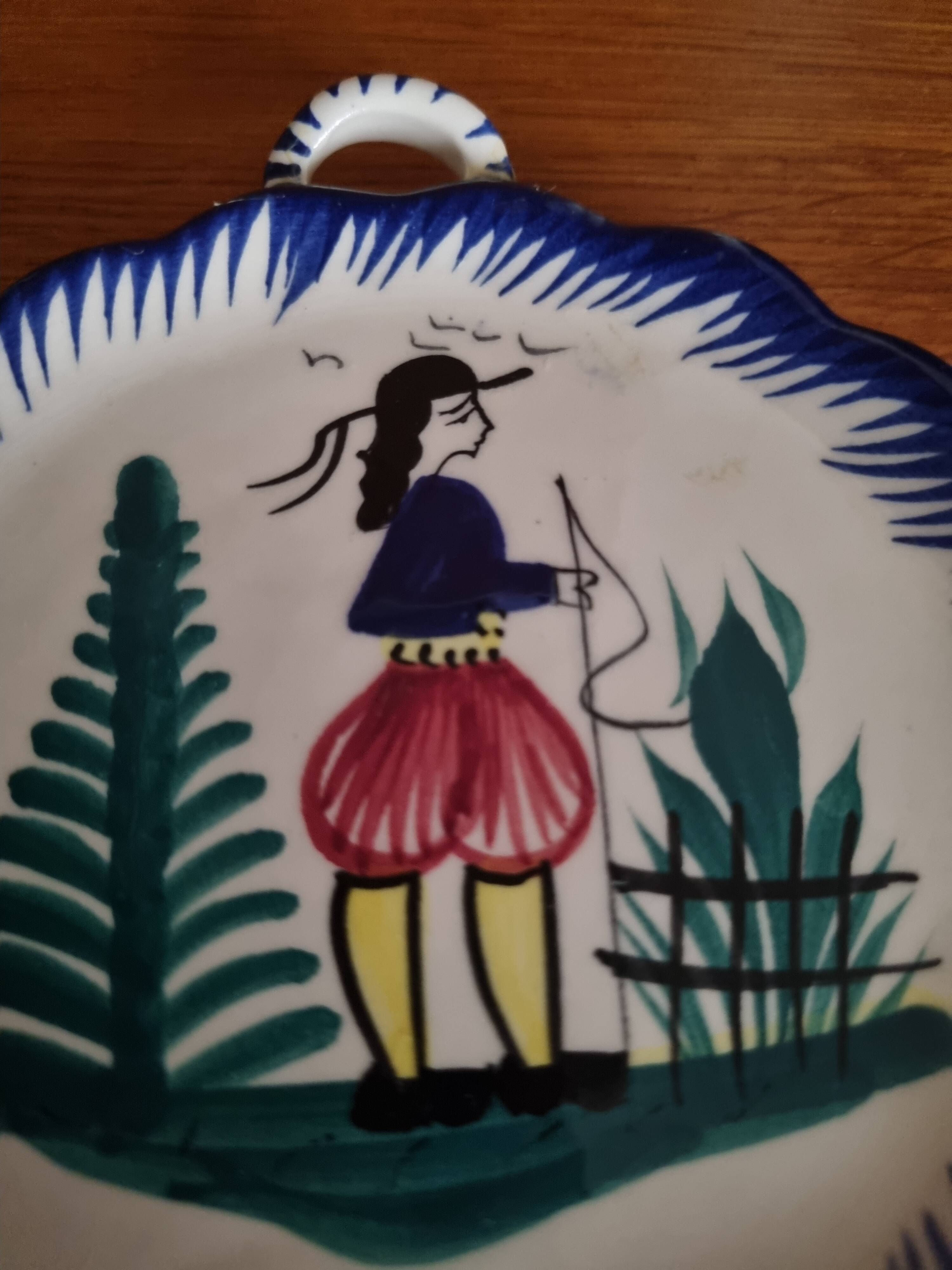 Old Breton ceramic plaque to hang in Quimper faience.