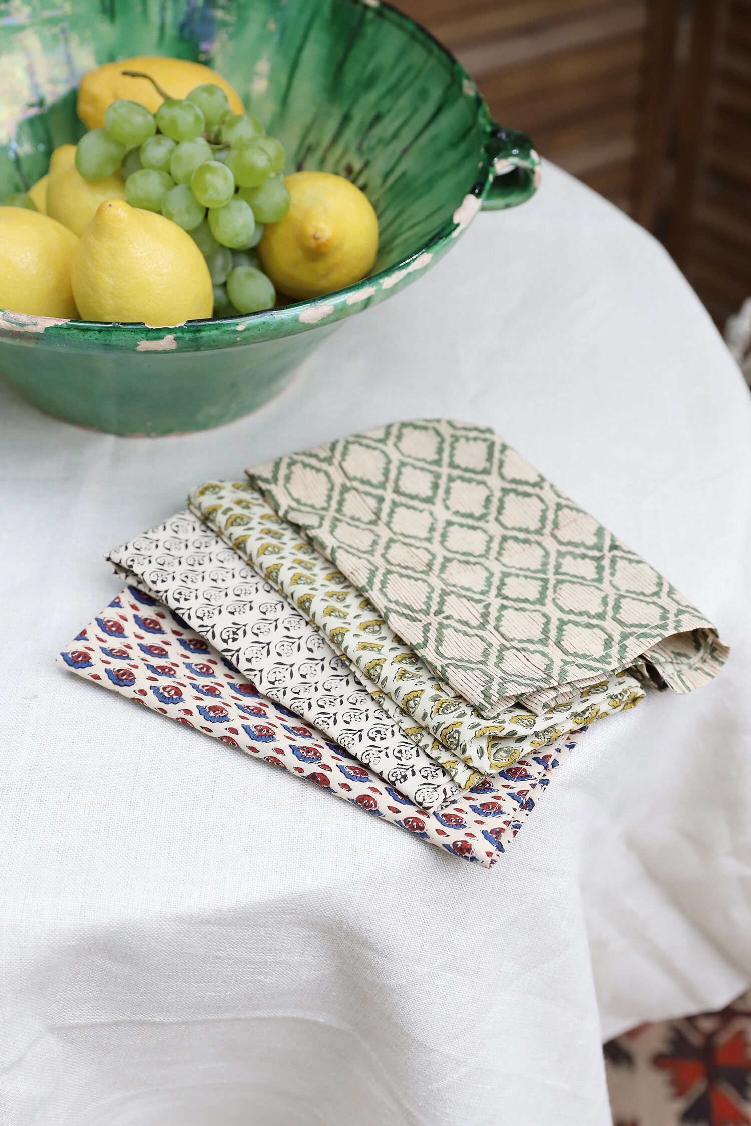 Tablecloth and linen towels upcycled mismatched patterns