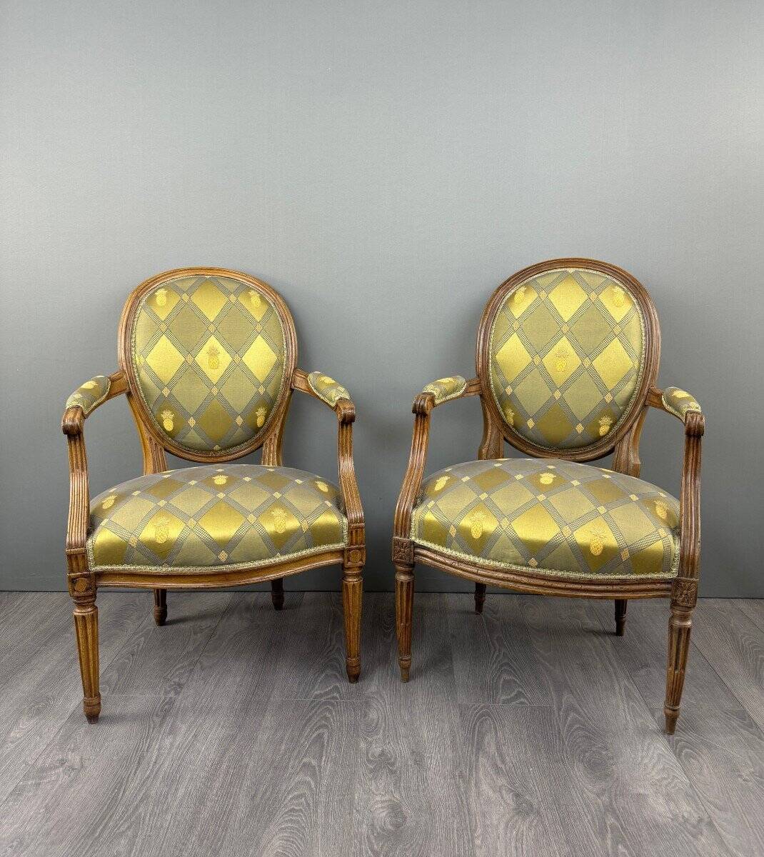 Pair of louis xvi armchairs in carved wood, late 19th century