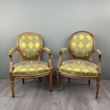 Pair of louis xvi armchairs in carved wood, late 19th century