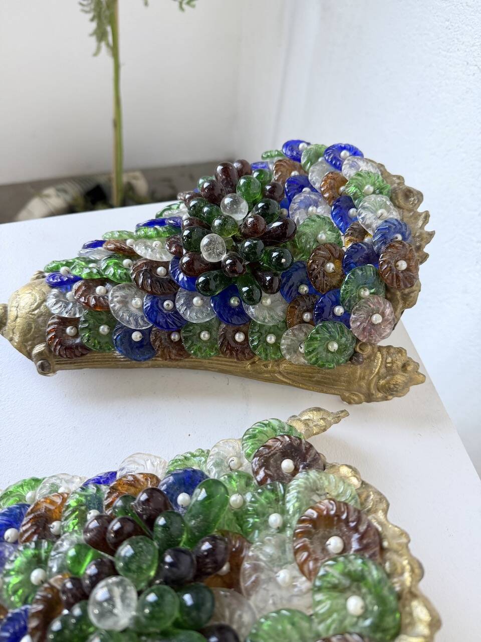 Pair of Art Nouveau bronze and Murano glass wall lights