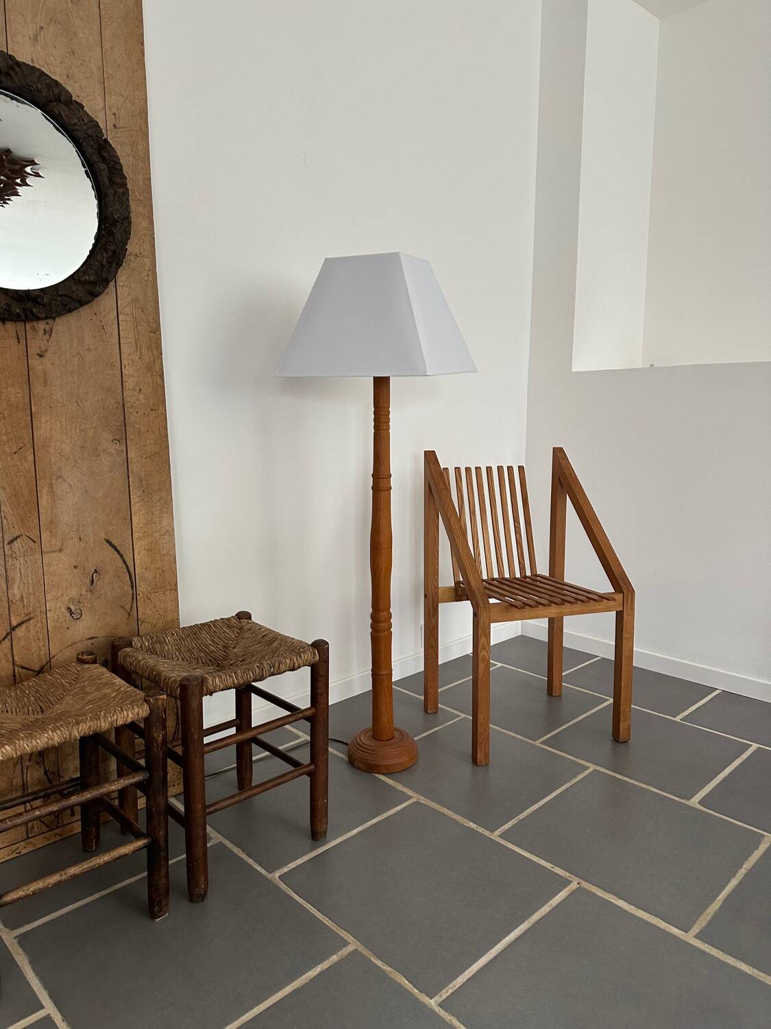 Modernist blond oak floor lamp