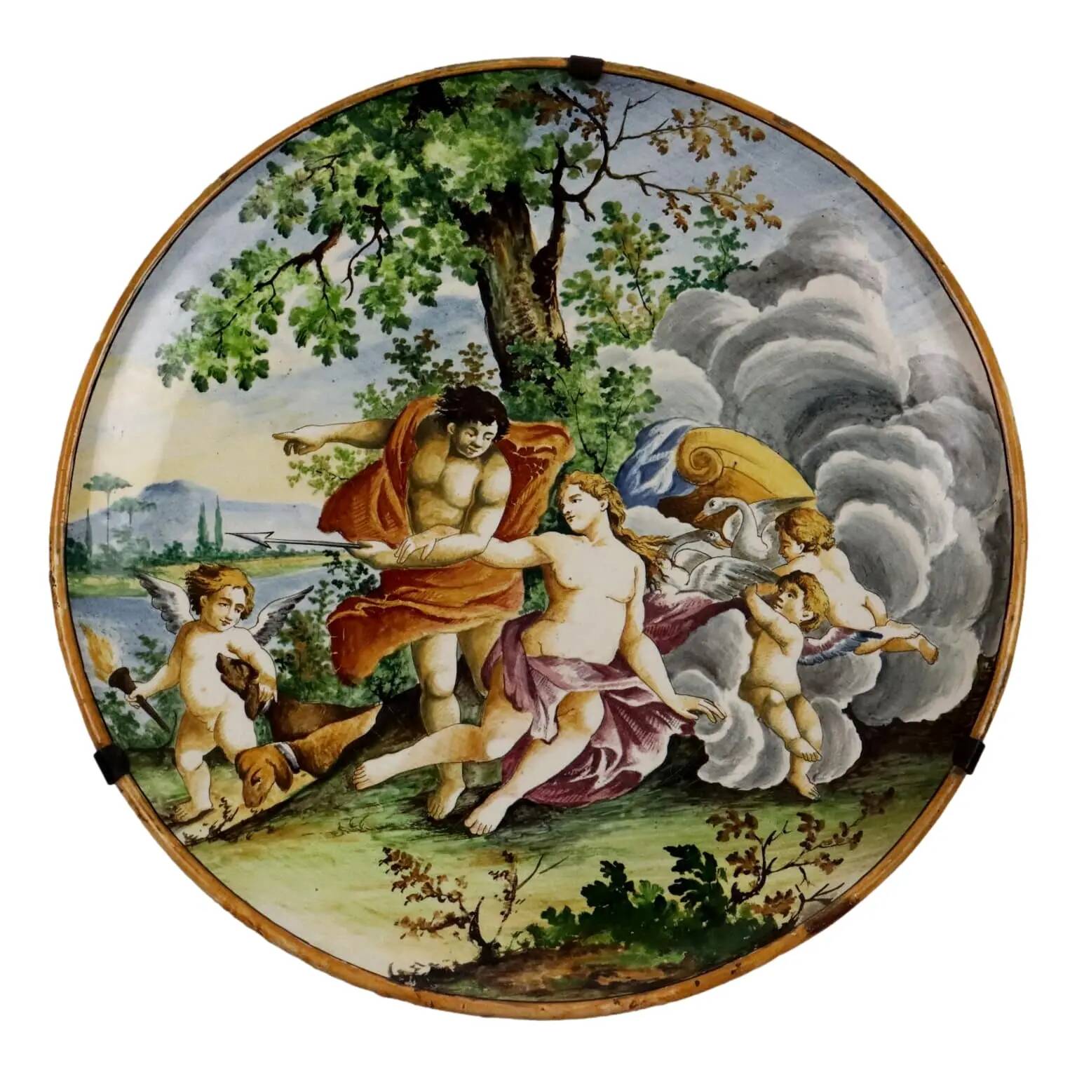 Antique display plate with a mythological subject in majolica, Italy, 19th century.