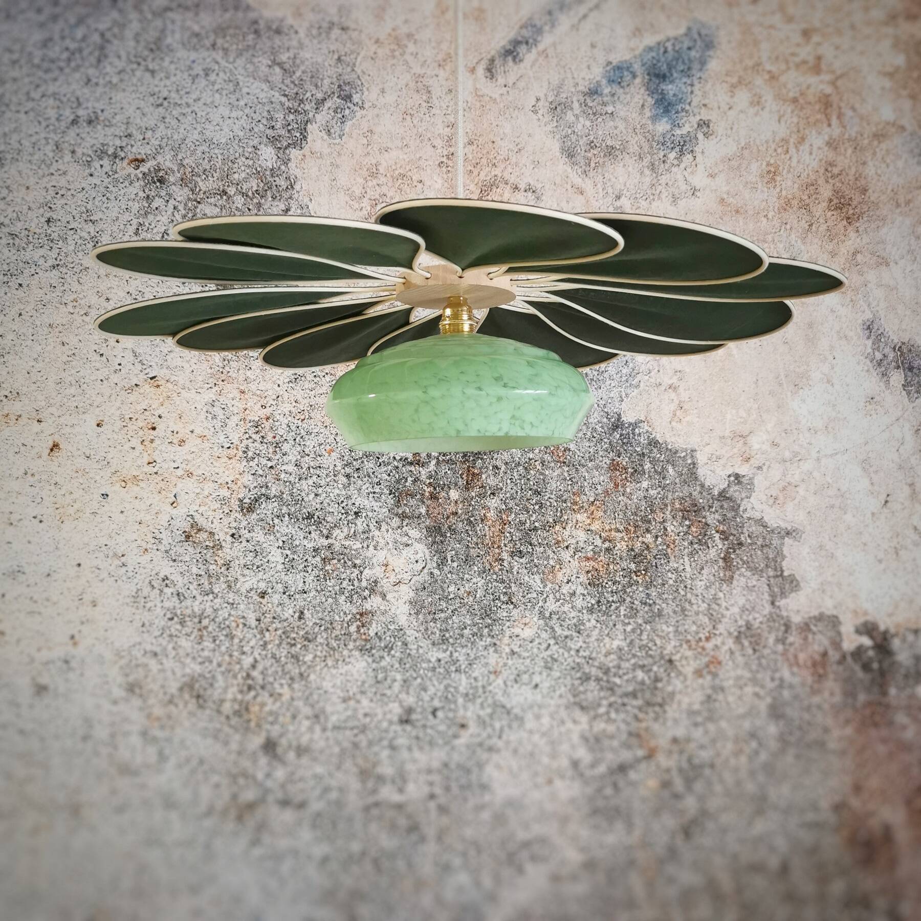 Rattan and Green Linen Flower Pendant Light and Vintage Clichy Glass Globe