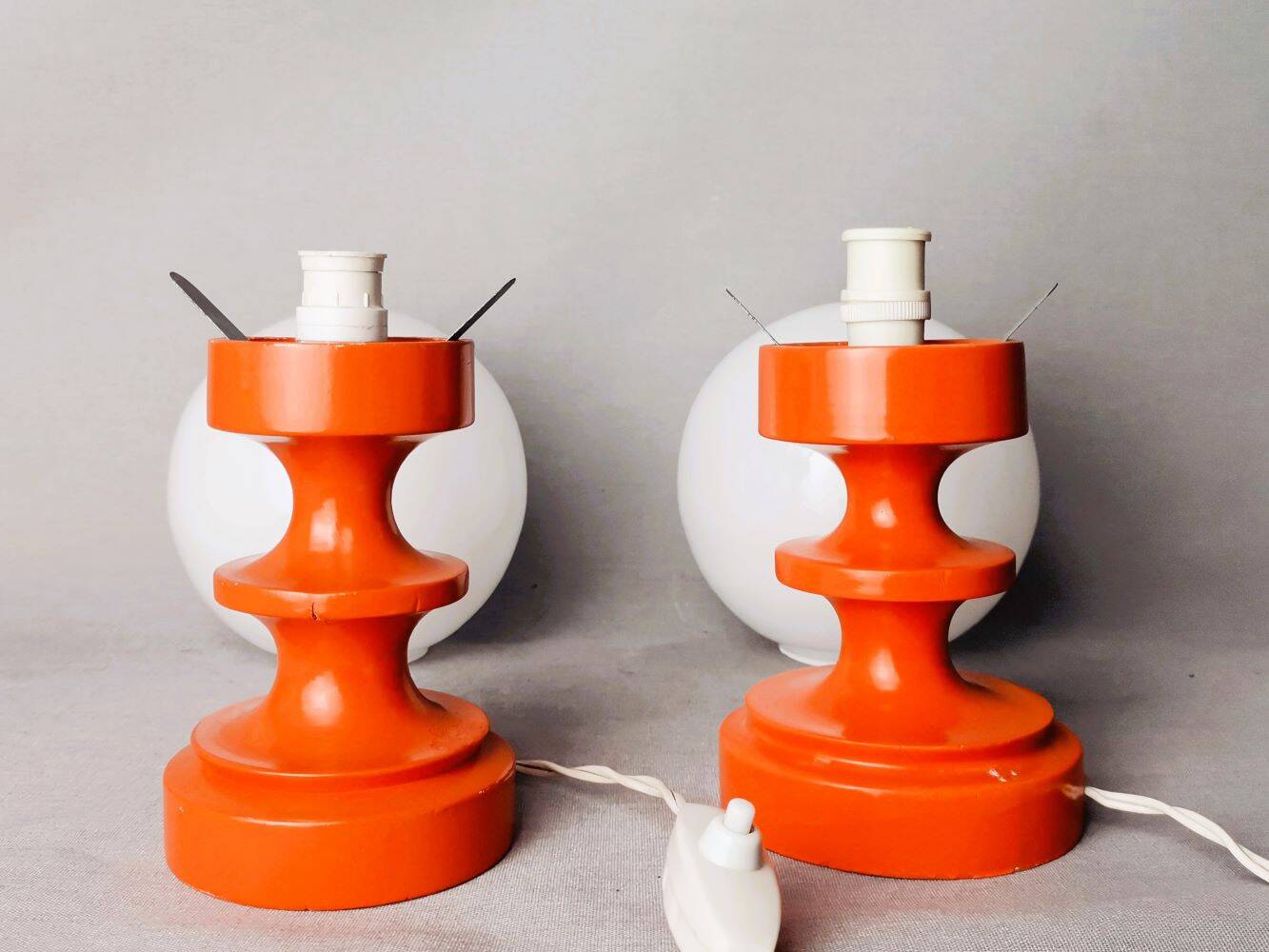 Pair orange painted wood opaline glass tabel lamps