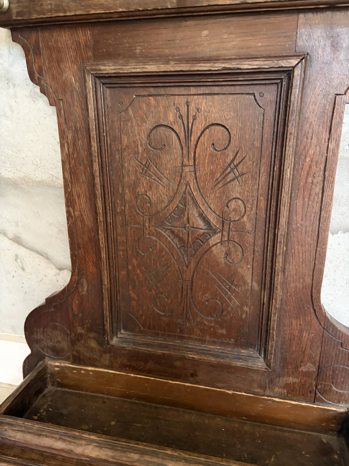 Antique oak carved coat stand, mirror and umbrella stand — late 19th century