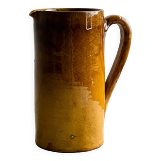 Vintage enameled ceramic watering can vase - retro mustard yellow pot.