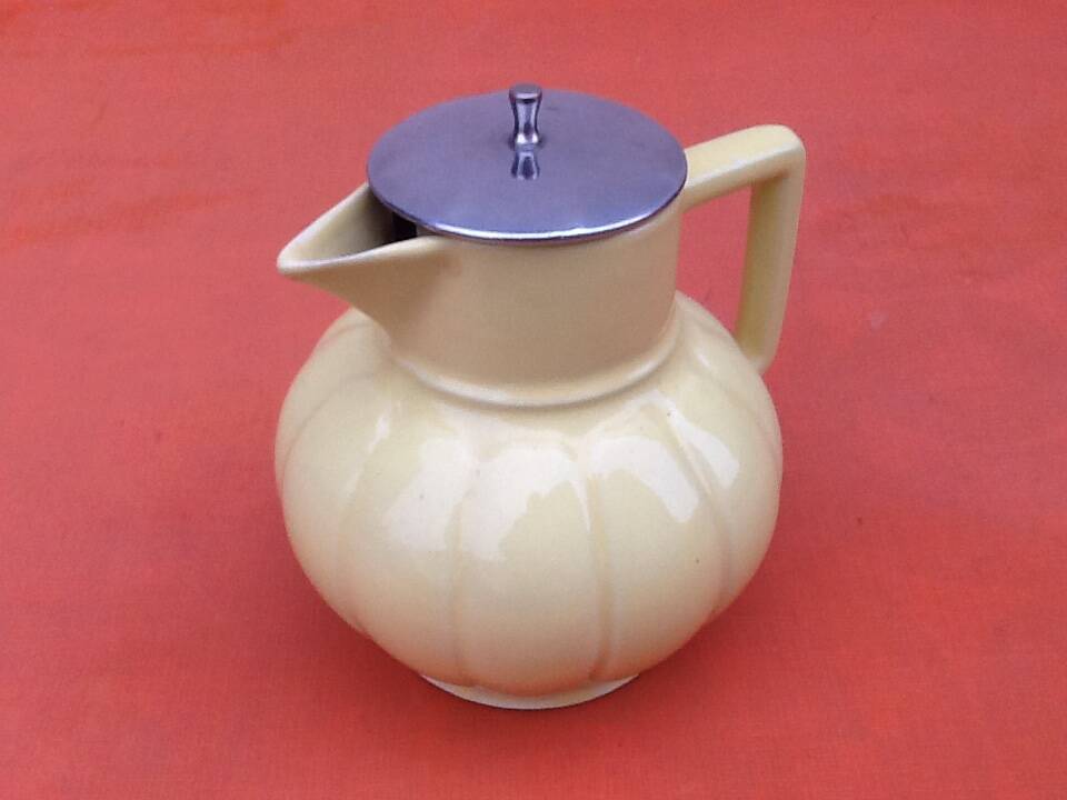 Art Deco Teapot / Teapot with metal infuser Yellow fluted ceramic
