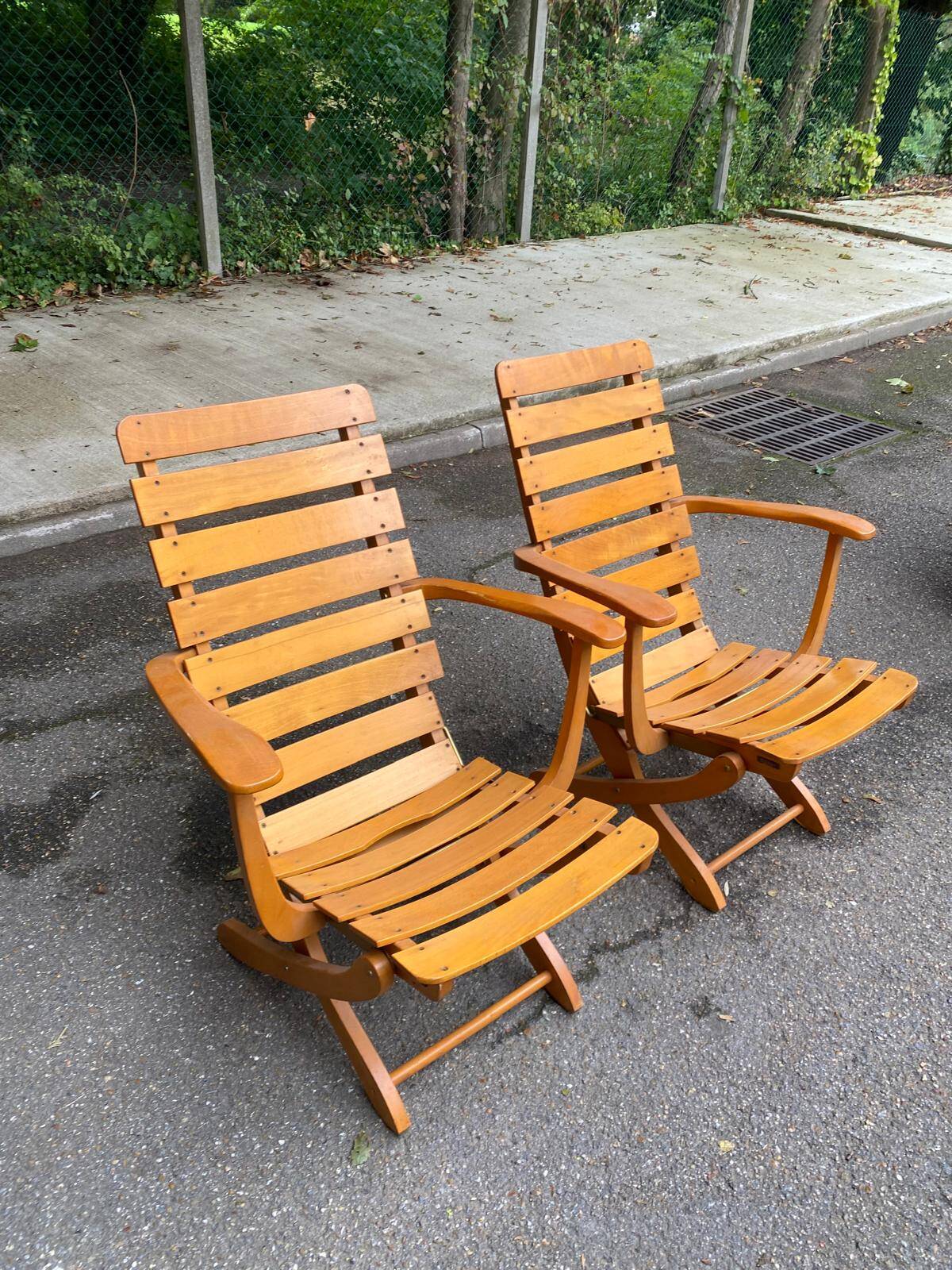 Pair of Clairitex France 1970 solid wood lounge chairs