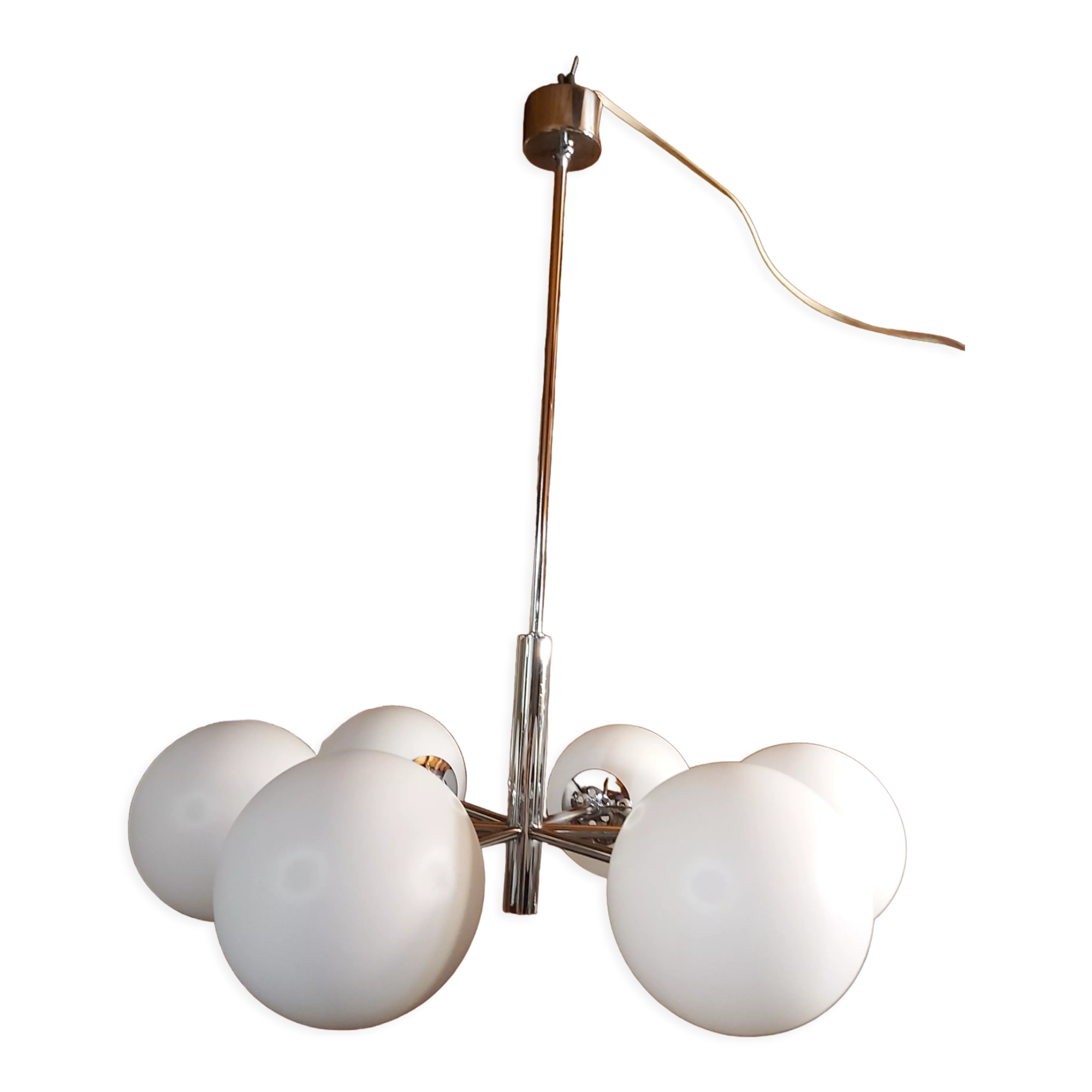 Chrome Sputnik chandelier and white frosted glass globes