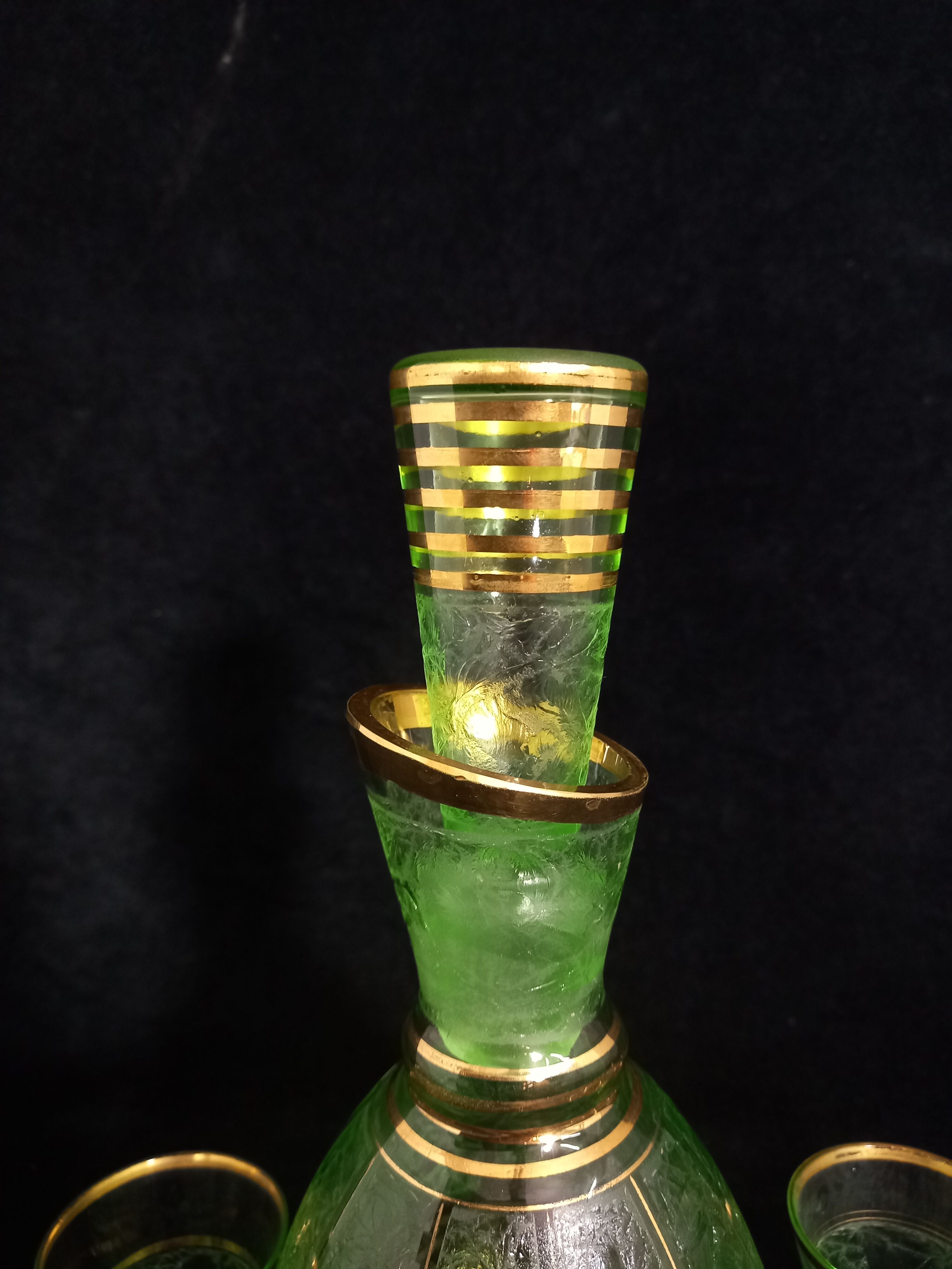 Art deco liqueur service in light green frosted glass
