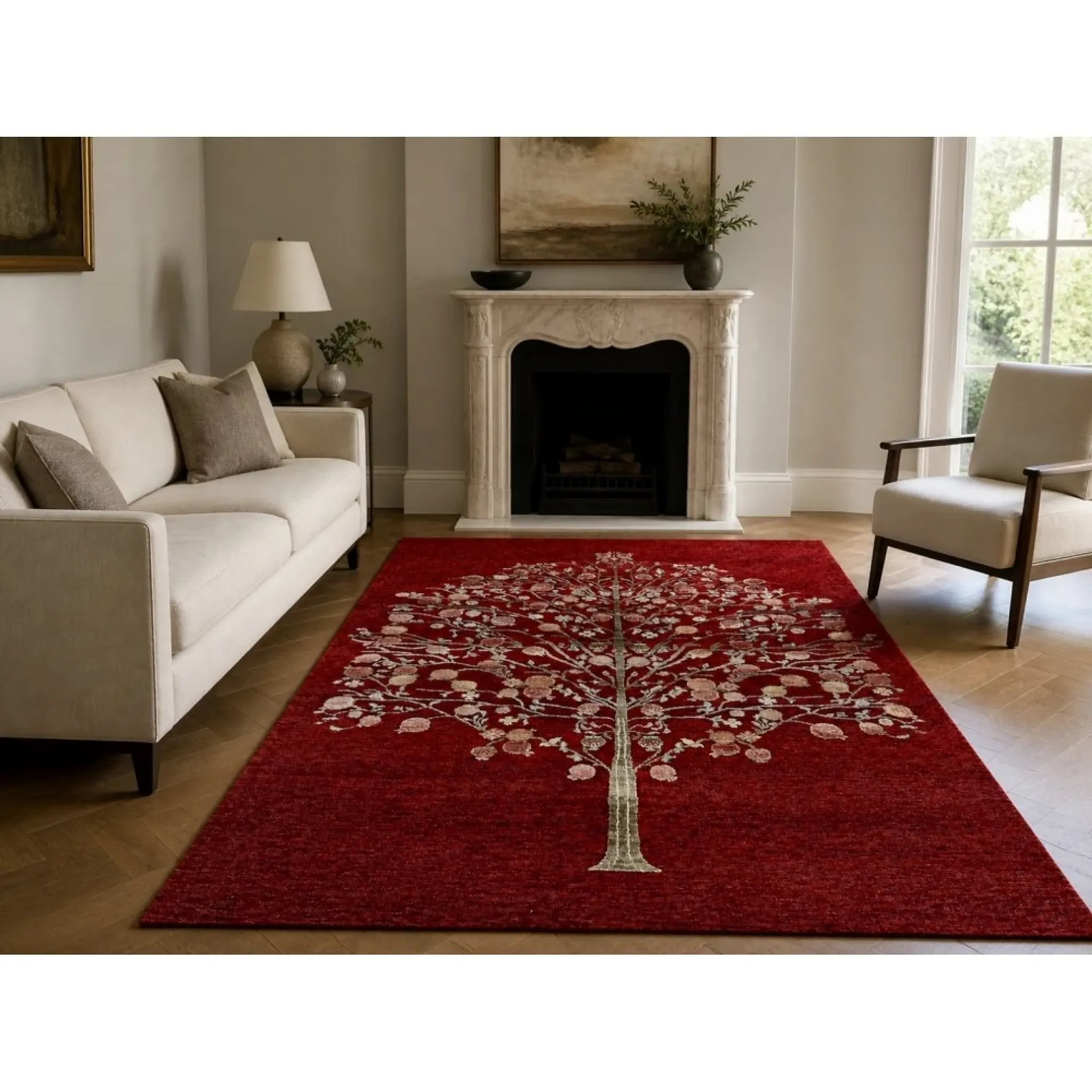 Hand-Knotted Red Area Rug with Botanical Tree Design for Living Room