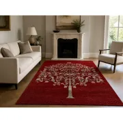 Hand-Knotted Red Area Rug with Botanical Tree Design for Living Room