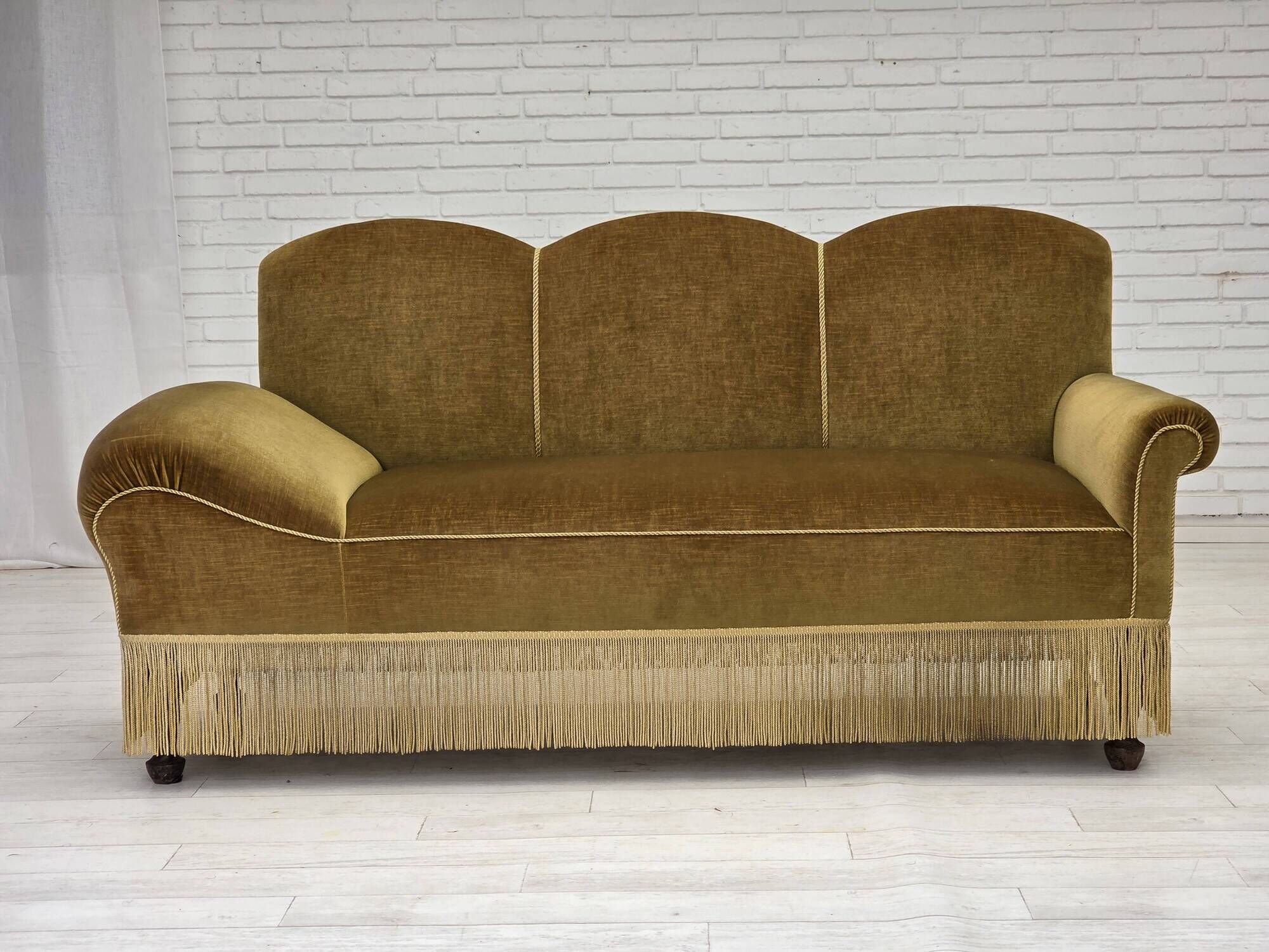 1950s, 2 seater sofa/daybed, light green furniture velour, ash wood legs.