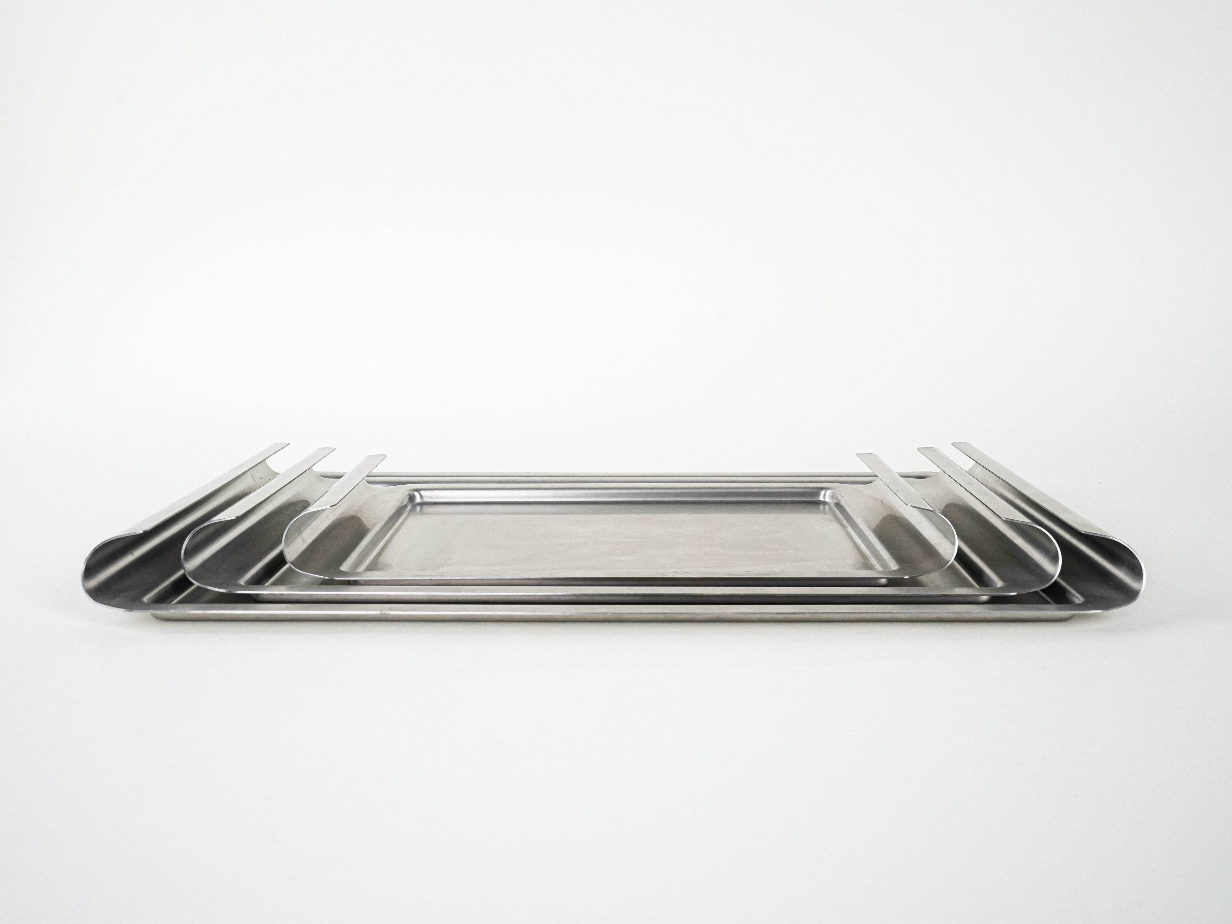 Set of stainless steel trays, Italian design, 1970s, made in Italy
