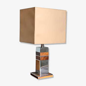 Lampe de table vintage chrome et bois seventies
