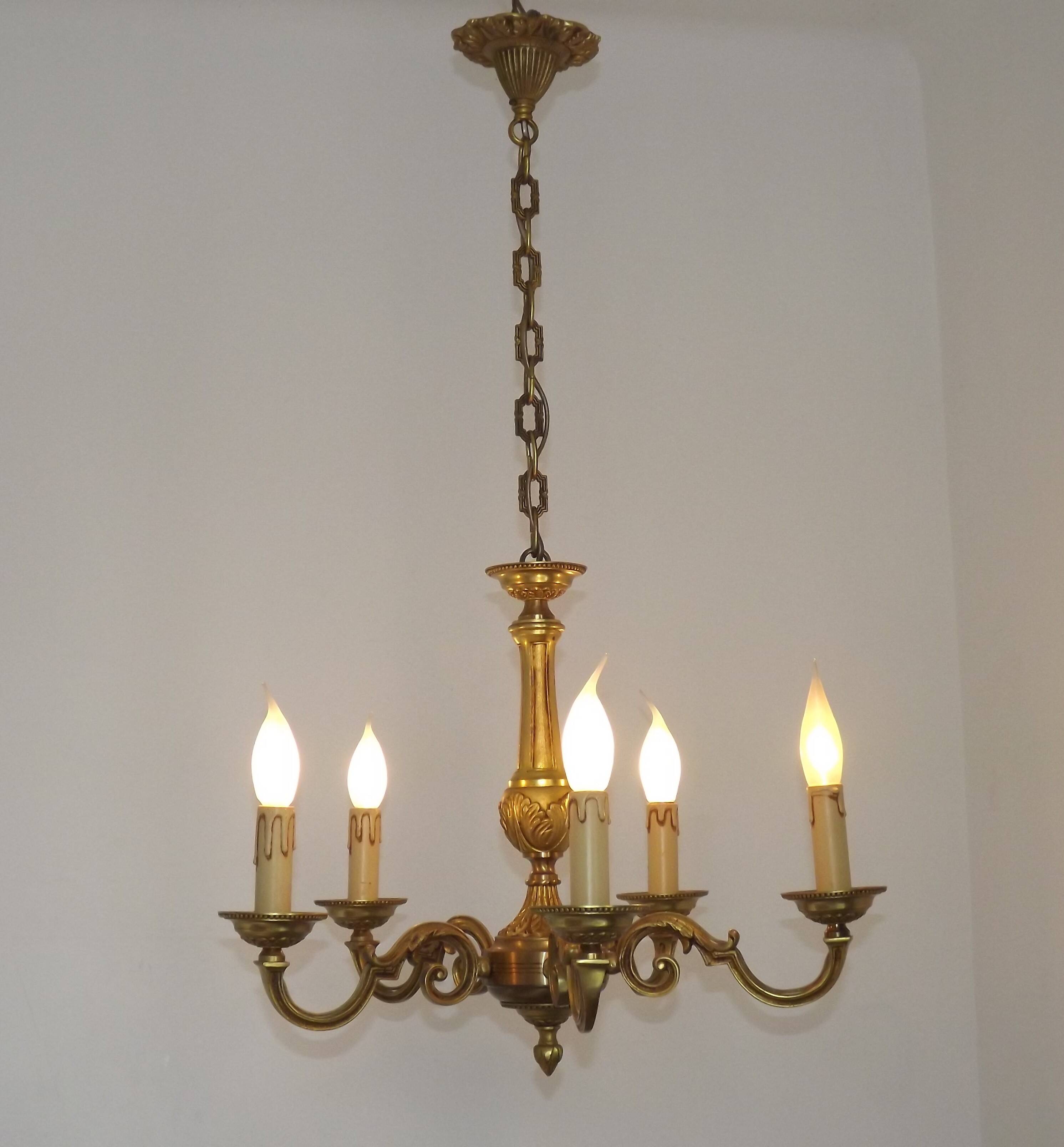 French Vintage Mid-Century Bronze 5-Light Traditional Style Chandelier
