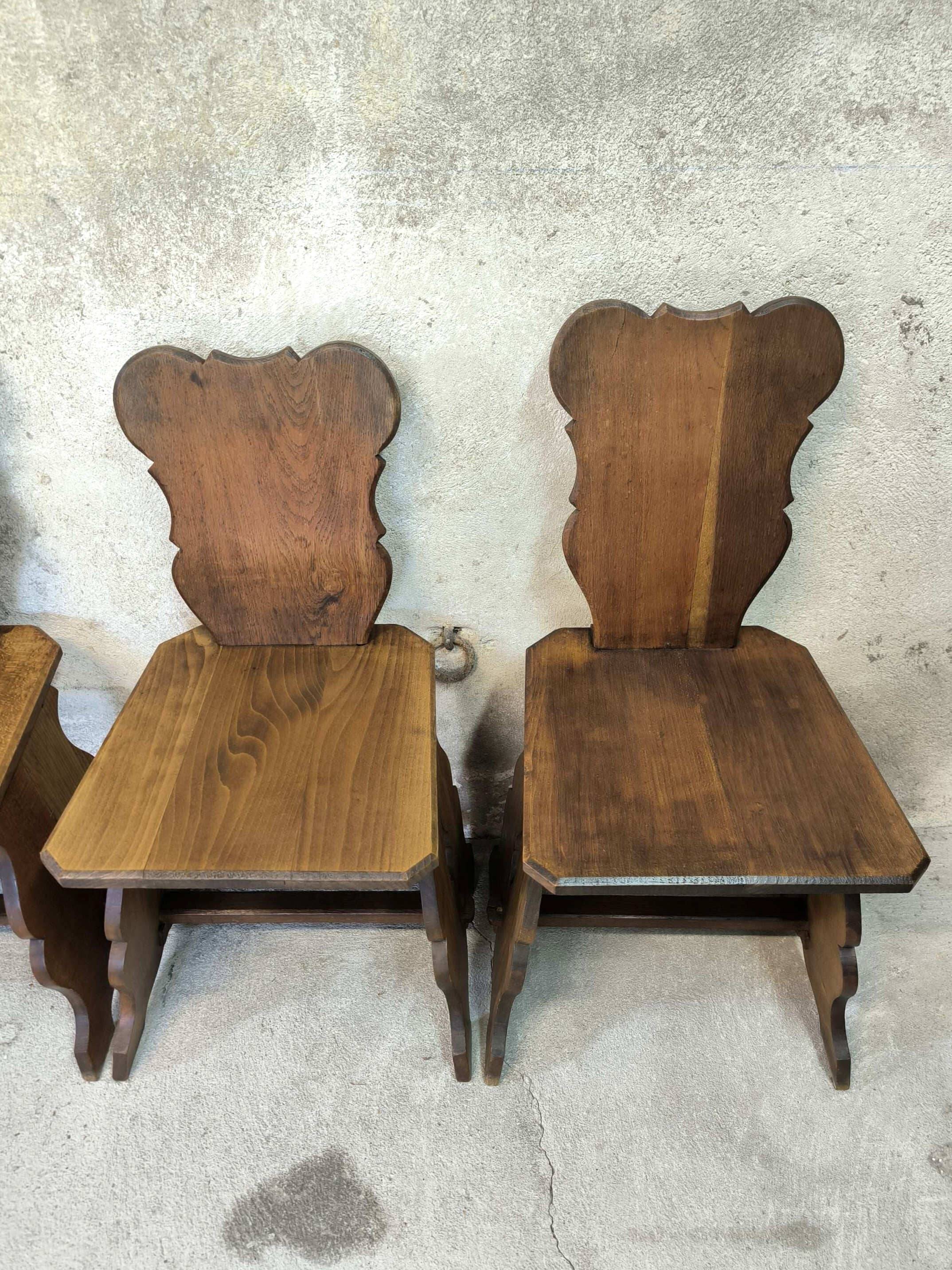 Set of six vintage brutalist wooden chairs.