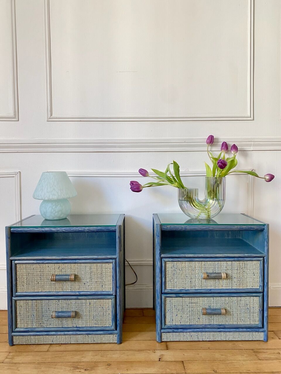 Pair of vintage rattan bedside tables