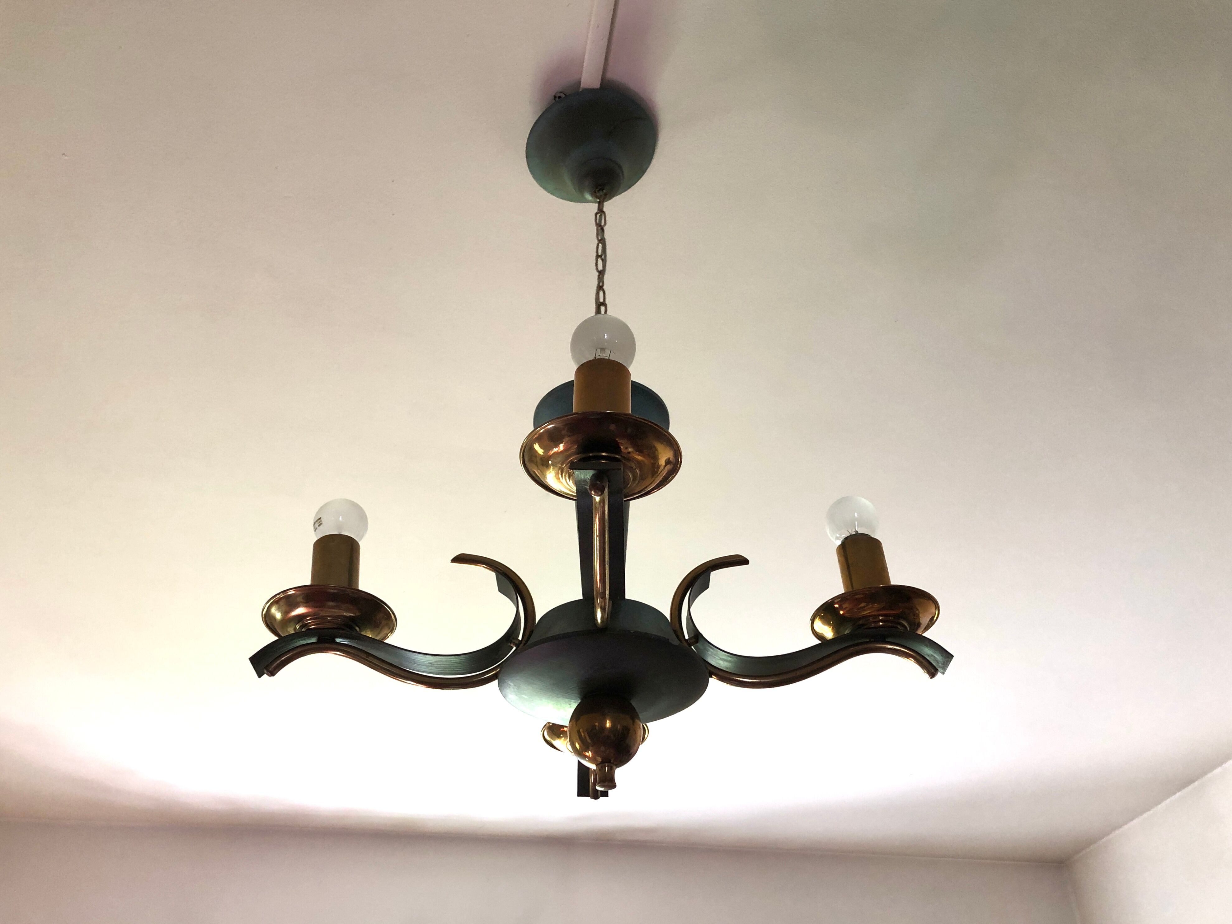 Celadon green modernist chandelier and solid brass