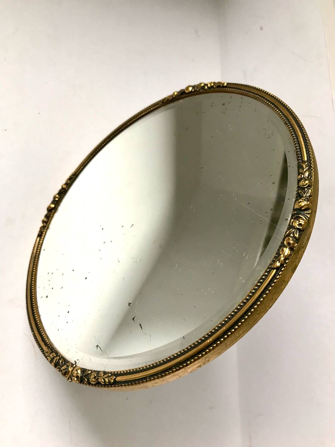 Antique Beveled Mirror with Metal frame Gold colored brass 14 cm diameter