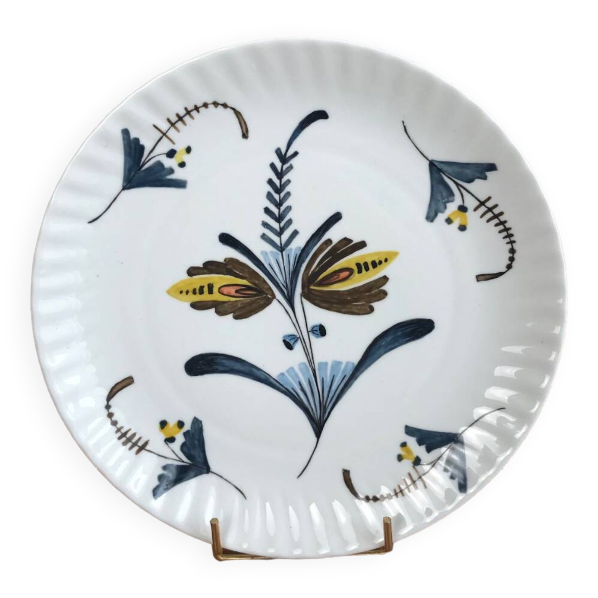 Flat Plate or Small Round Porcelain Dish Signed Nelly Abstract Flower