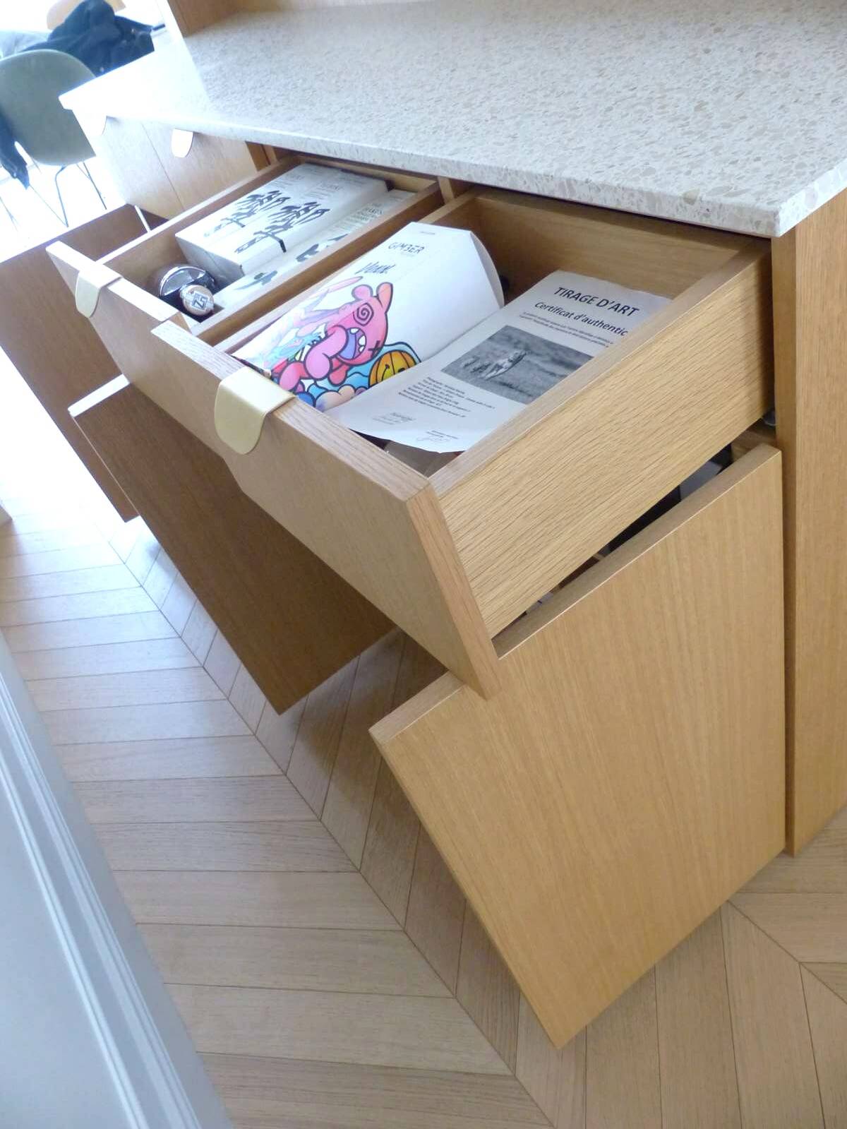 Contemporary bar in solid oak & double terrazzo top - Unique piece