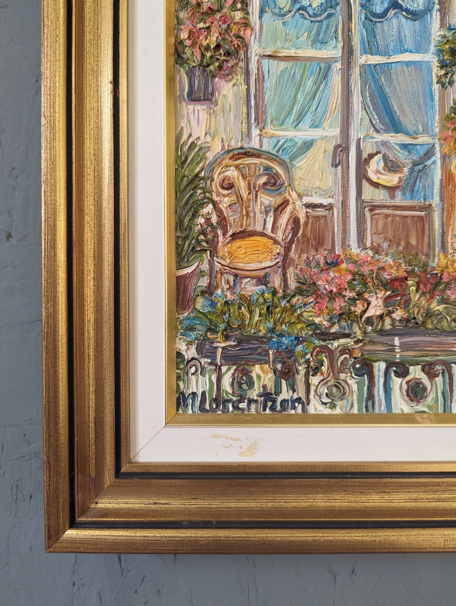 Mid-Century Modern Swedish "Balcony Garden" Vintage Oil Painting, Framed