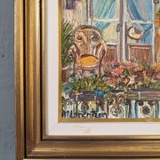 Mid-Century Modern Swedish "Balcony Garden" Vintage Oil Painting, Framed