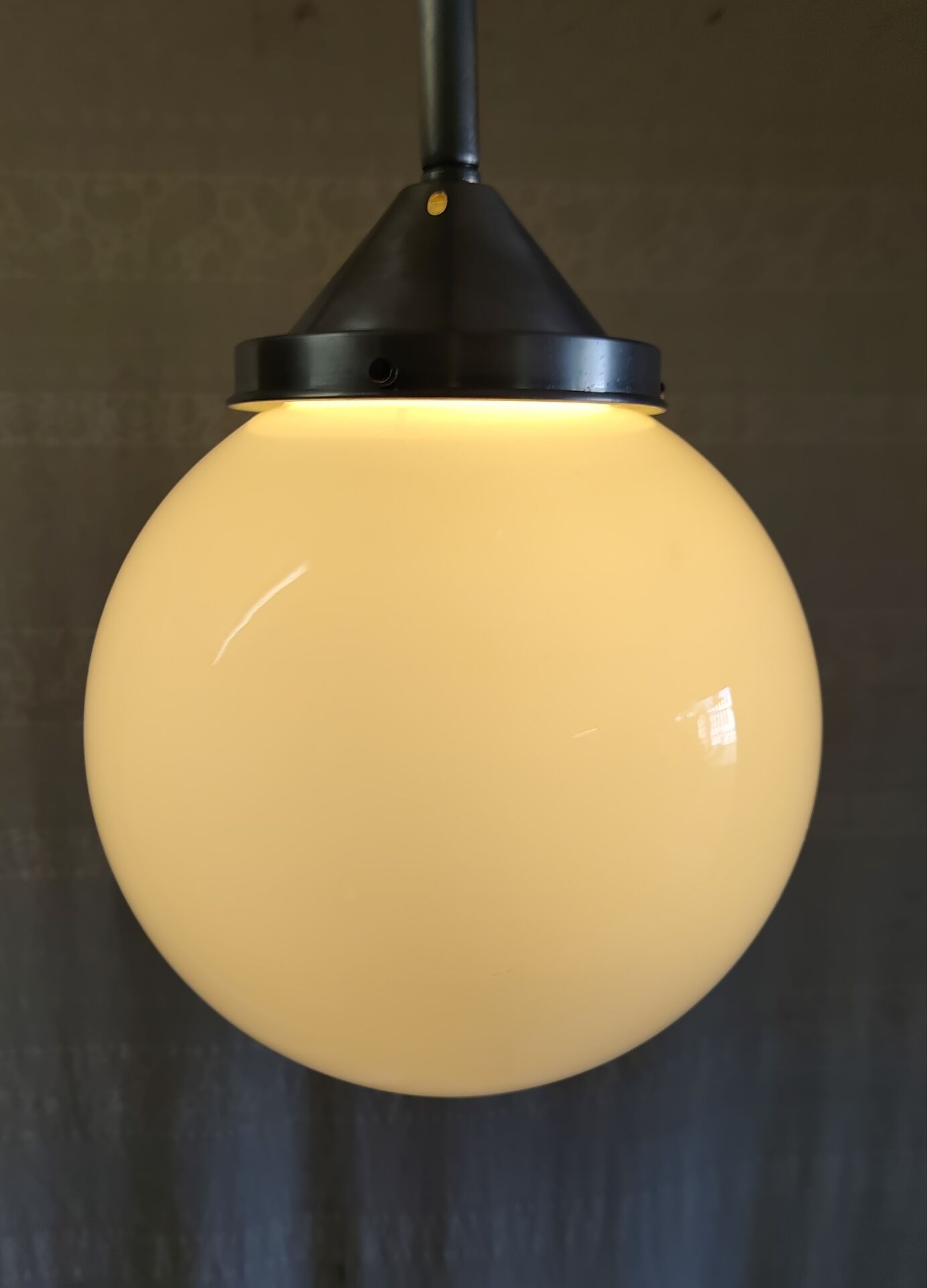 Art Deco aluminium suspension with XL opaline globe - mid 20th century.