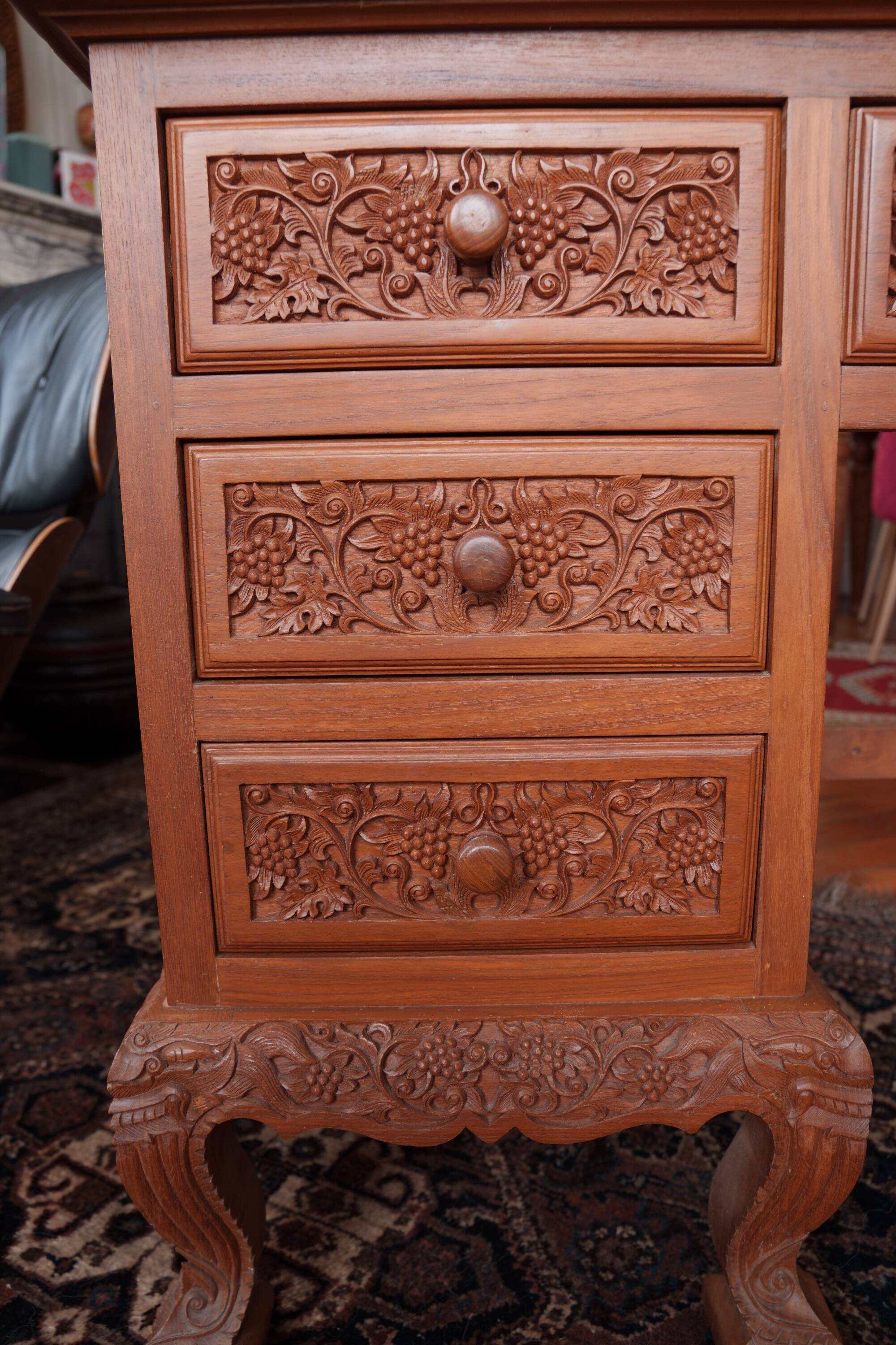 Vintage Vanity Desk, unique hand carved, Chiang Mai teak wood