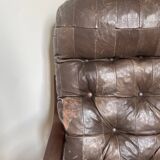 Fauteuil scandinave 1970 en bois laminé courbé et assise en cuir