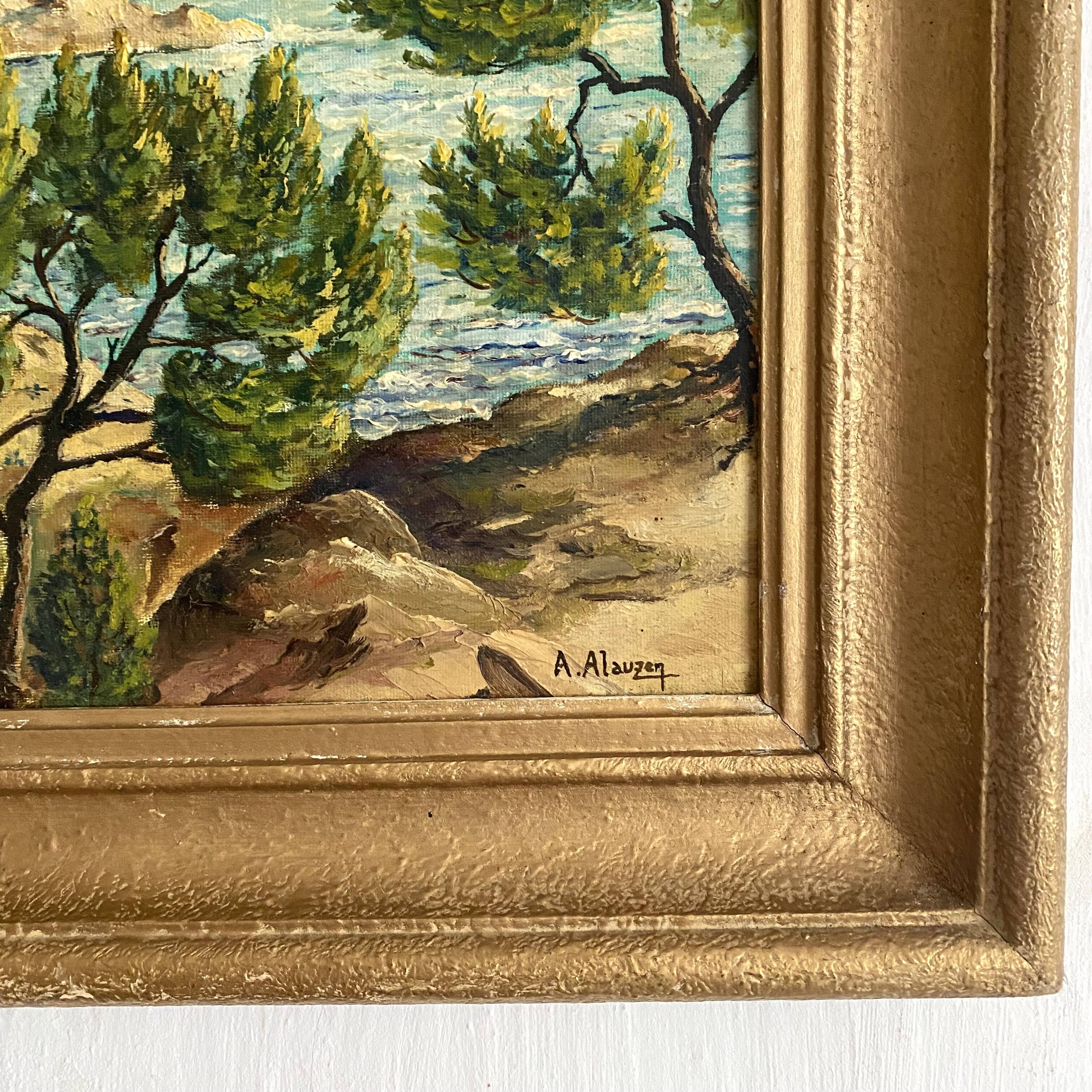 Seaside painting of the Mediterranean, oil on cardboard signed A. Alauzen.