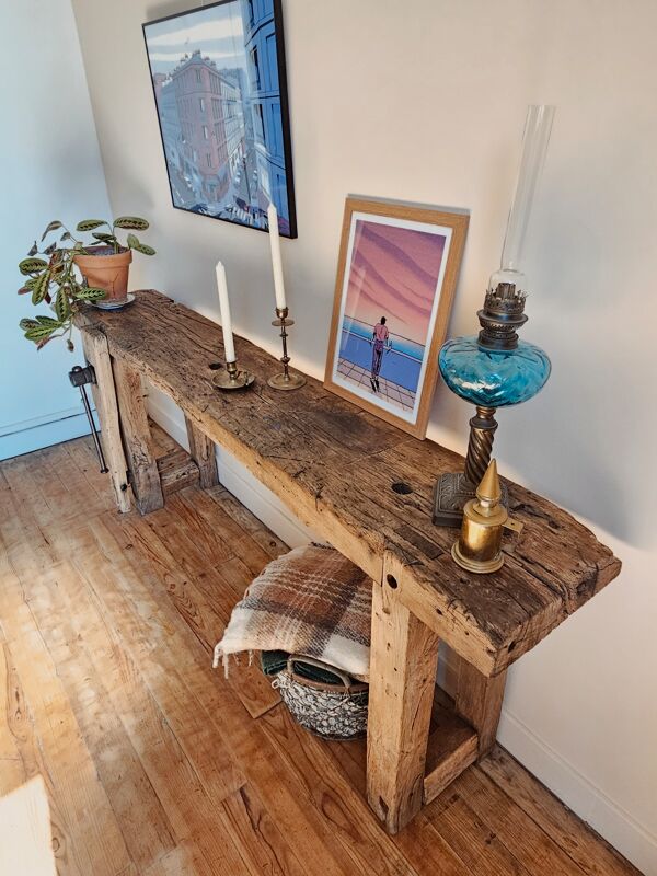 Ancien établi de menuisier – Console en bois massif