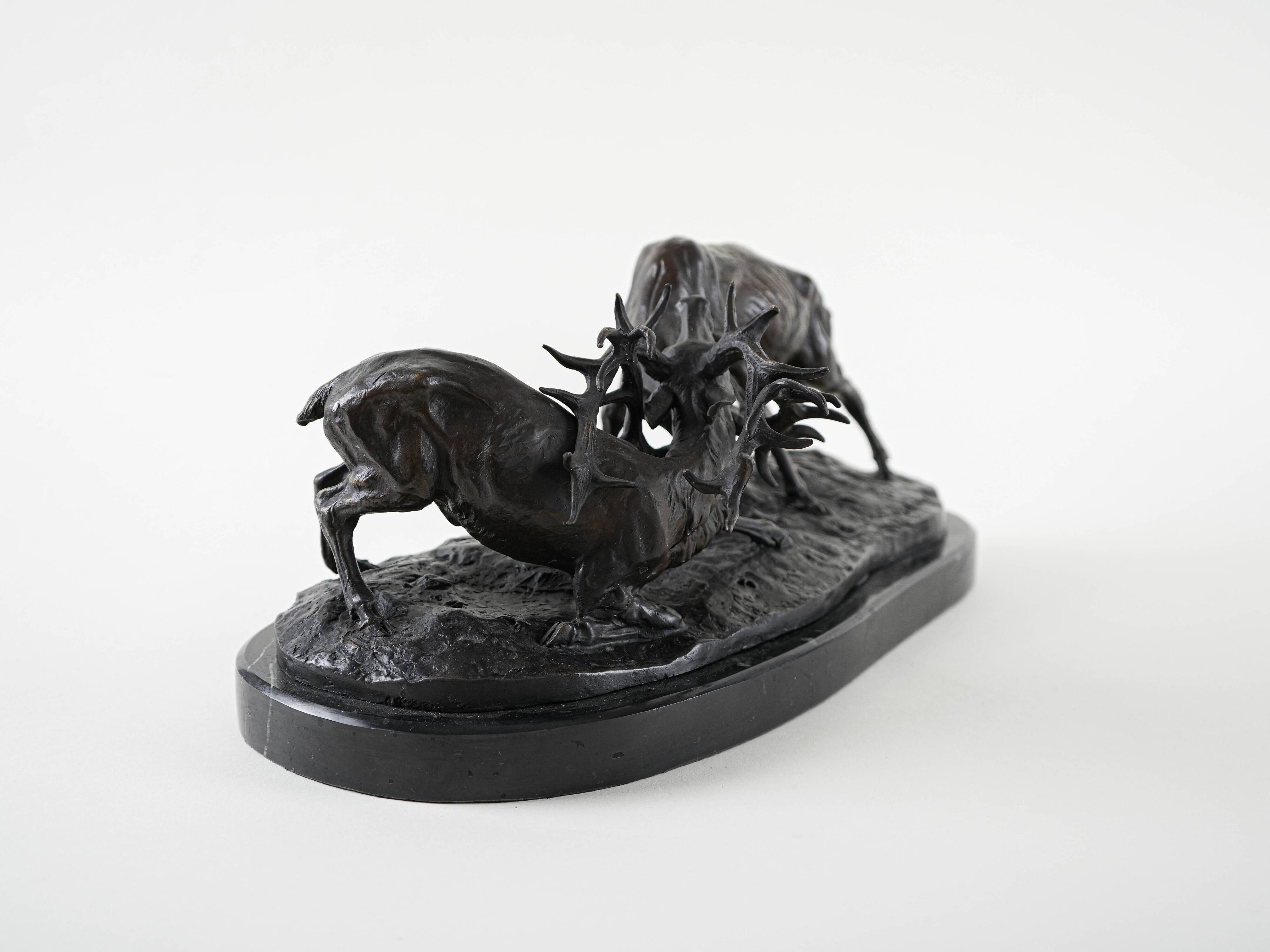 Fighting stags bronze sculpture by Pierre-Jules Mêne French animalier art