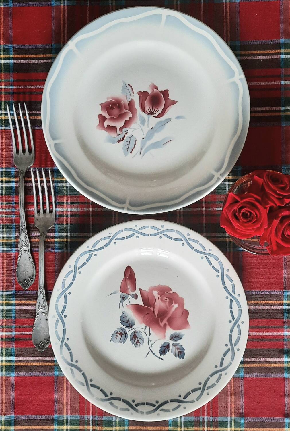 Mismatched antique flat plates in earthenware accompanied by a deep dish.