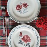 Old mismatched earthenware dinner plates accompanied by a deep dish