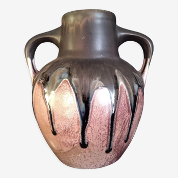 Vase art déco à anses en grès avec coulures noires, h23 an 1920 gilbert metenier