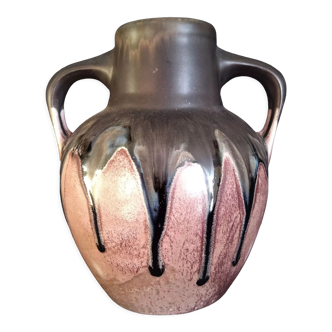 Vase art déco à anses en grès avec coulures noires, h23 an 1920 gilbert metenier