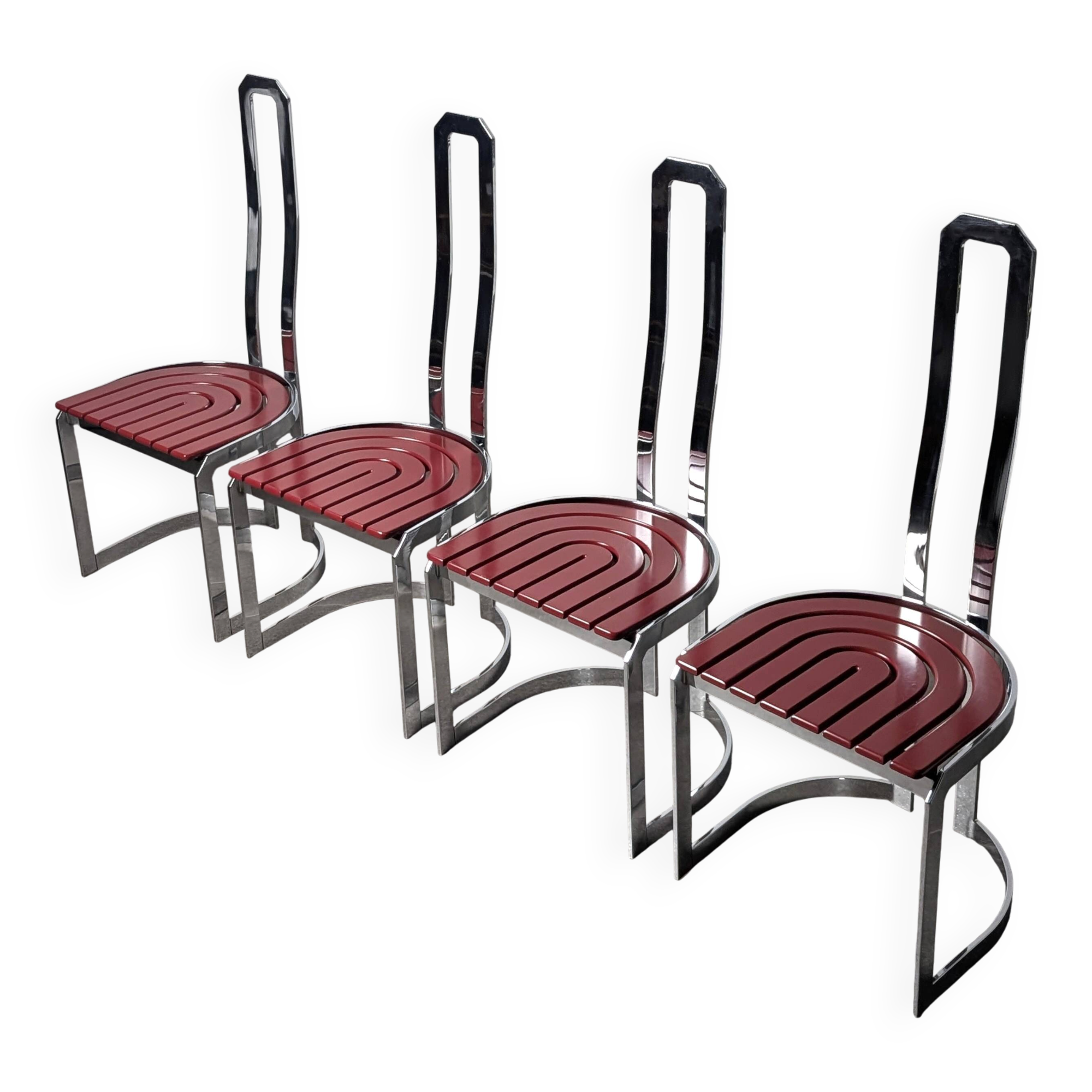 Postmodern chairs in chromed steel and red wood, set of 4, 1980s