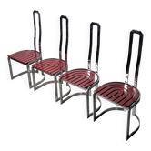 Chaises postmodernes en acier chromé et bois rouge, ensemble de 4, années 1980.