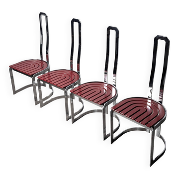 Postmodern chairs in chromed steel and red wood, set of 4, 1980s