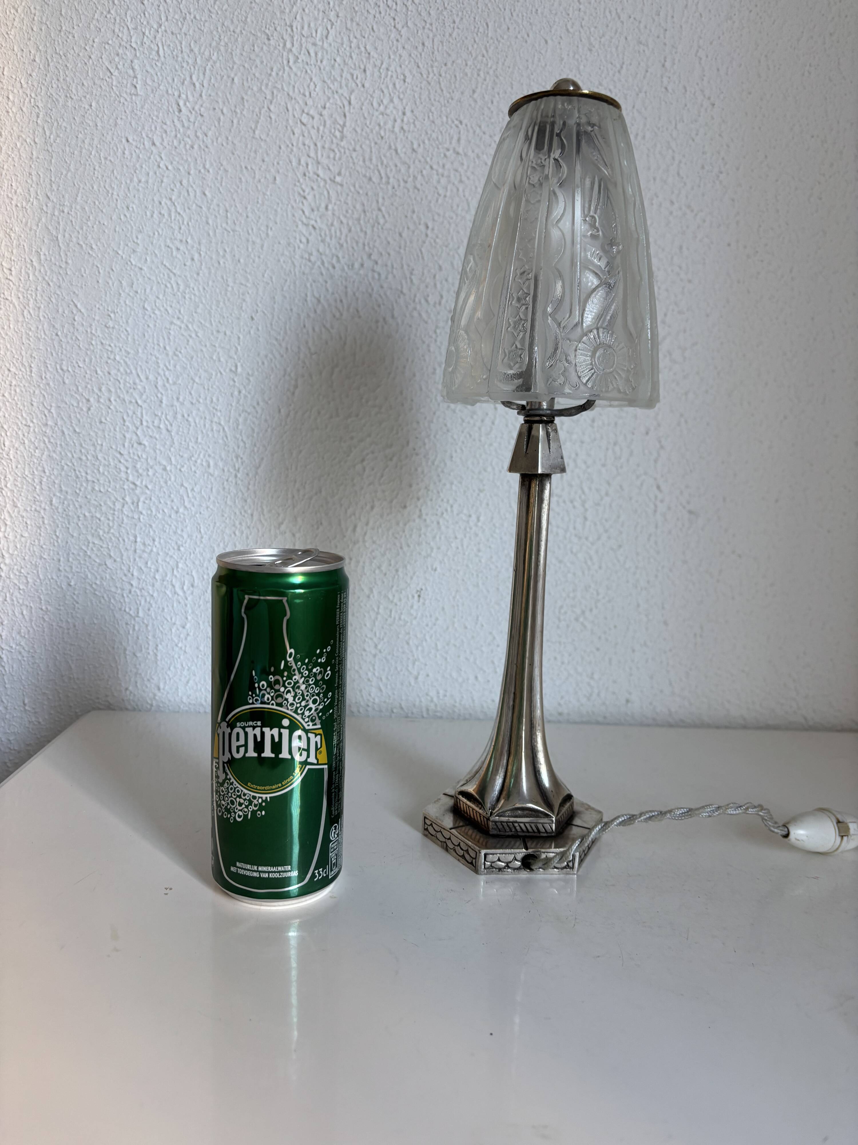 Art Deco table lamp from the 1920s–1930s — Tree trunk base in nickel metal