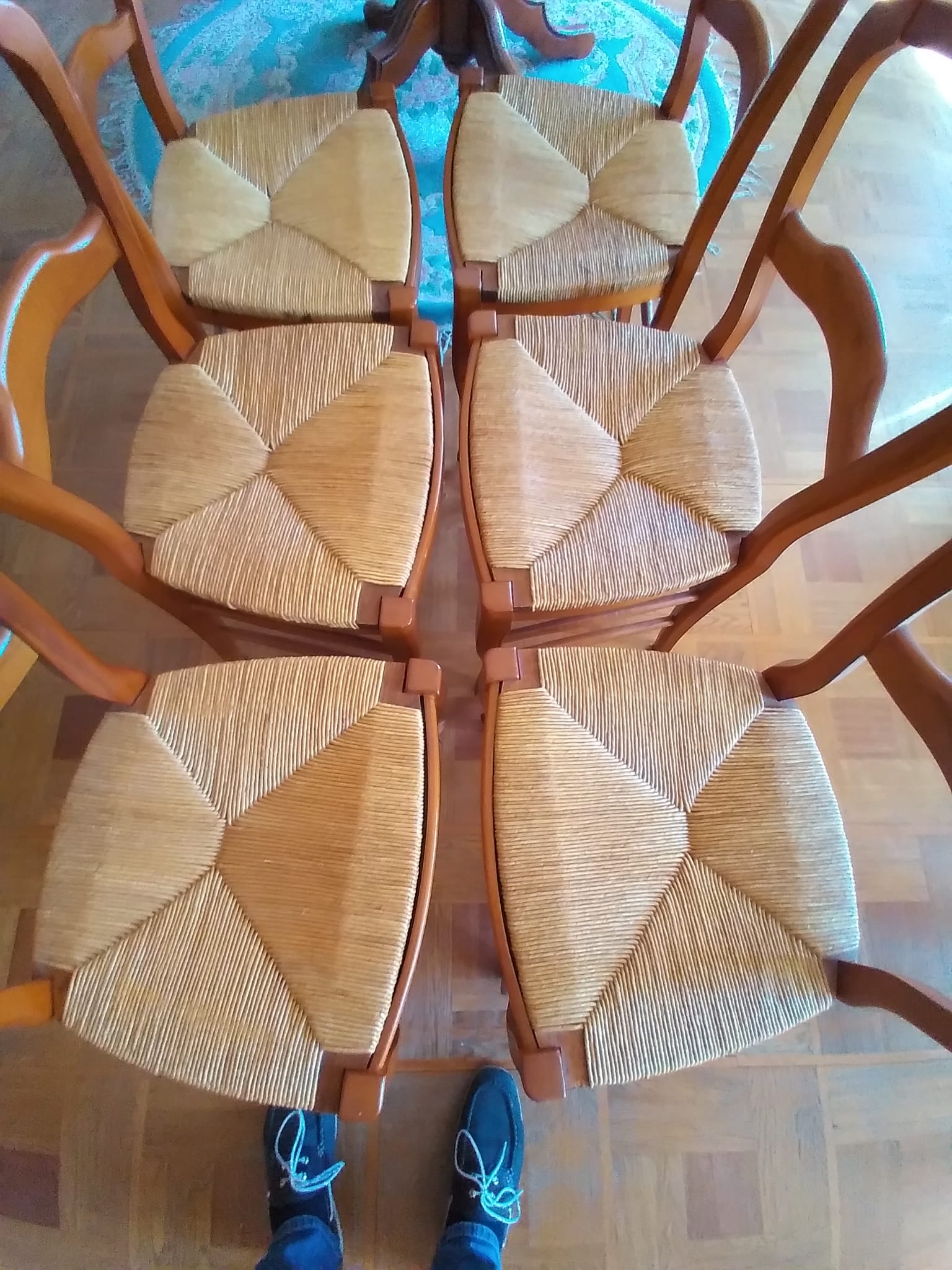 6 mulched solid wood chairs and 2 canework chairs