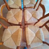 6 mulched solid wood chairs and 2 canework chairs