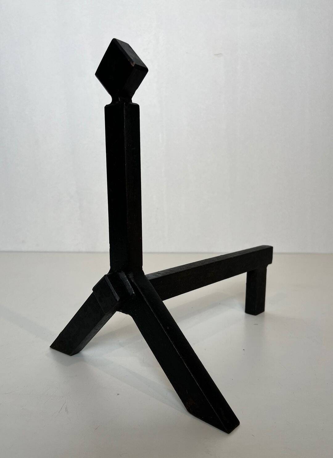 Pair of Modernist Black Iron Andirons with Diamond Finials and Angled Bases