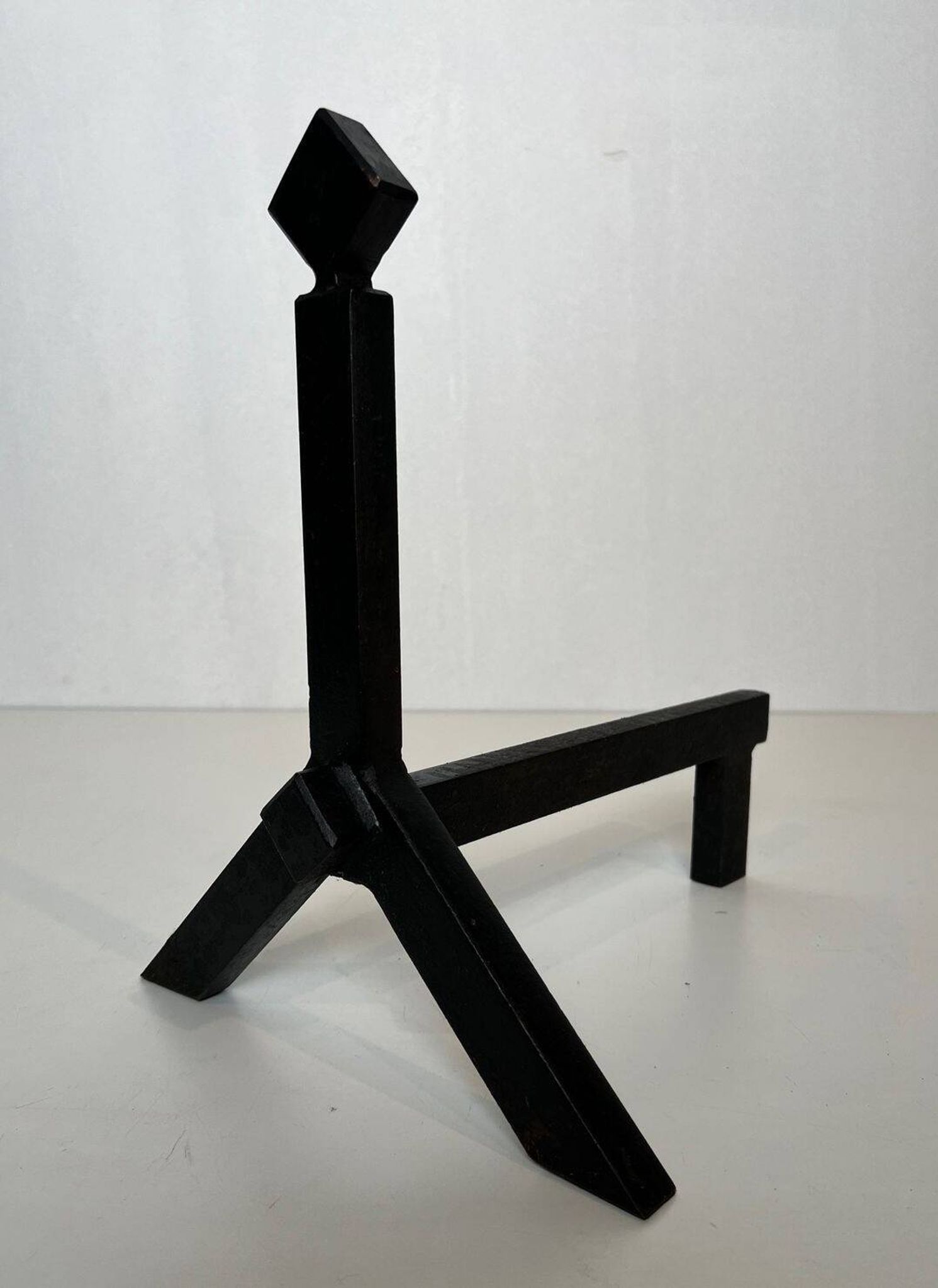 Pair of Modernist Black Iron Andirons with Diamond Finials and Angled Bases