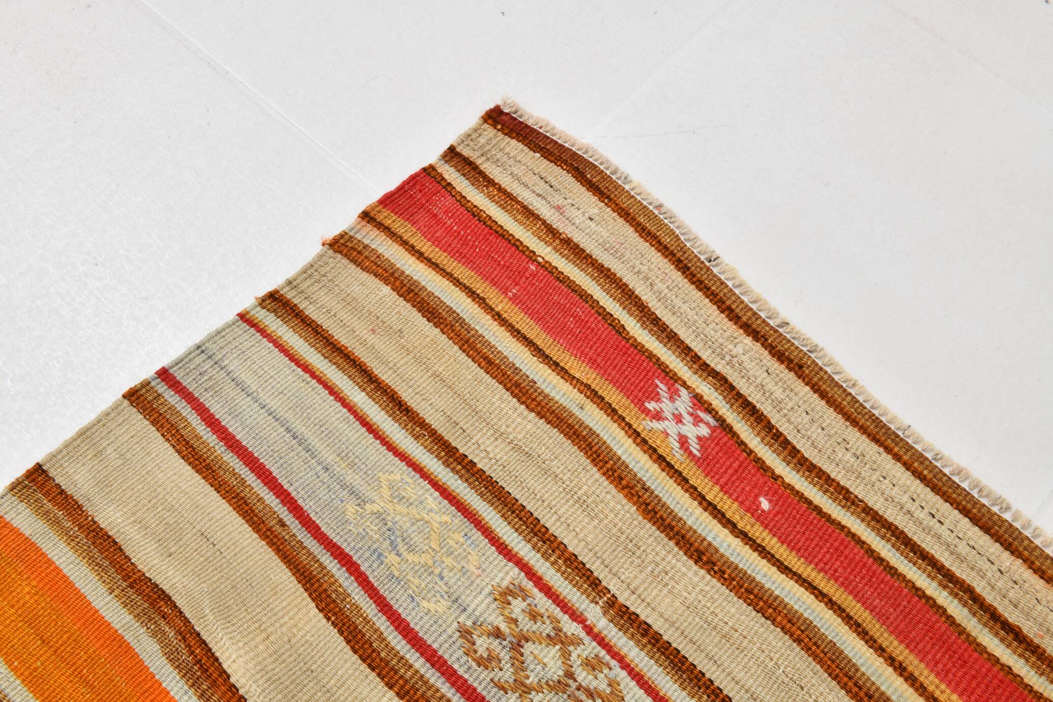 Cream Blue Striped Pattern Vintage Kilim Rug, 162x267Cm