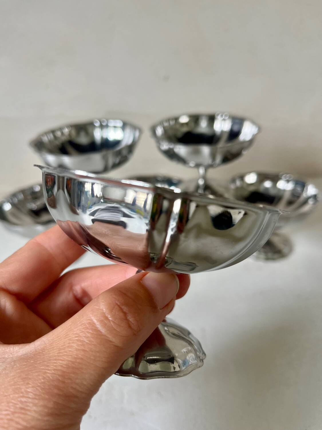 6 vintage 70s stainless steel footed bowls