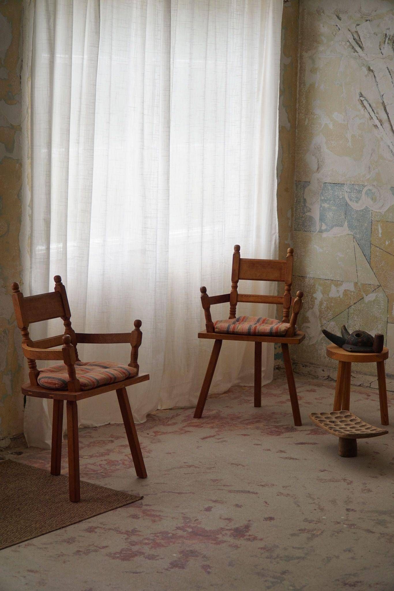 Handcrafted Tripod Armchairs in Oak, by a Danish Cabinetmaker, Folk Art, 1930s